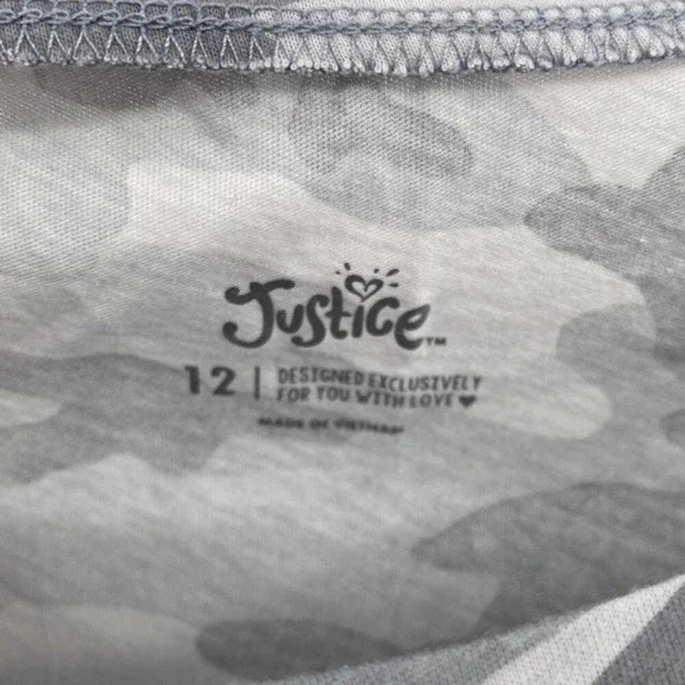 Justice Girls Gray Camo Gold Sparkle GRL POWER! Graphic Short Sleeve Shirt 12